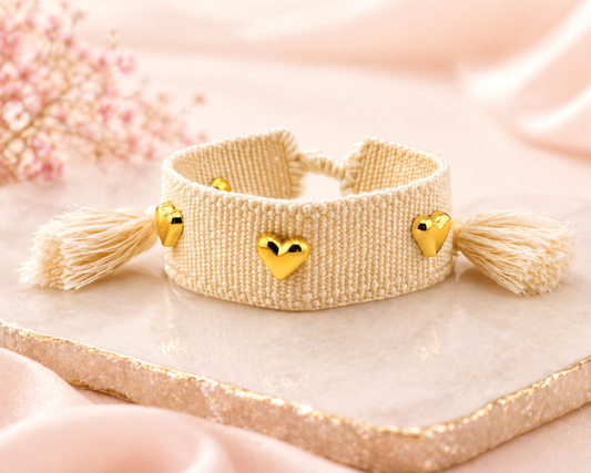 Jimena cream and gold filled hearts woven adjustable bracelet