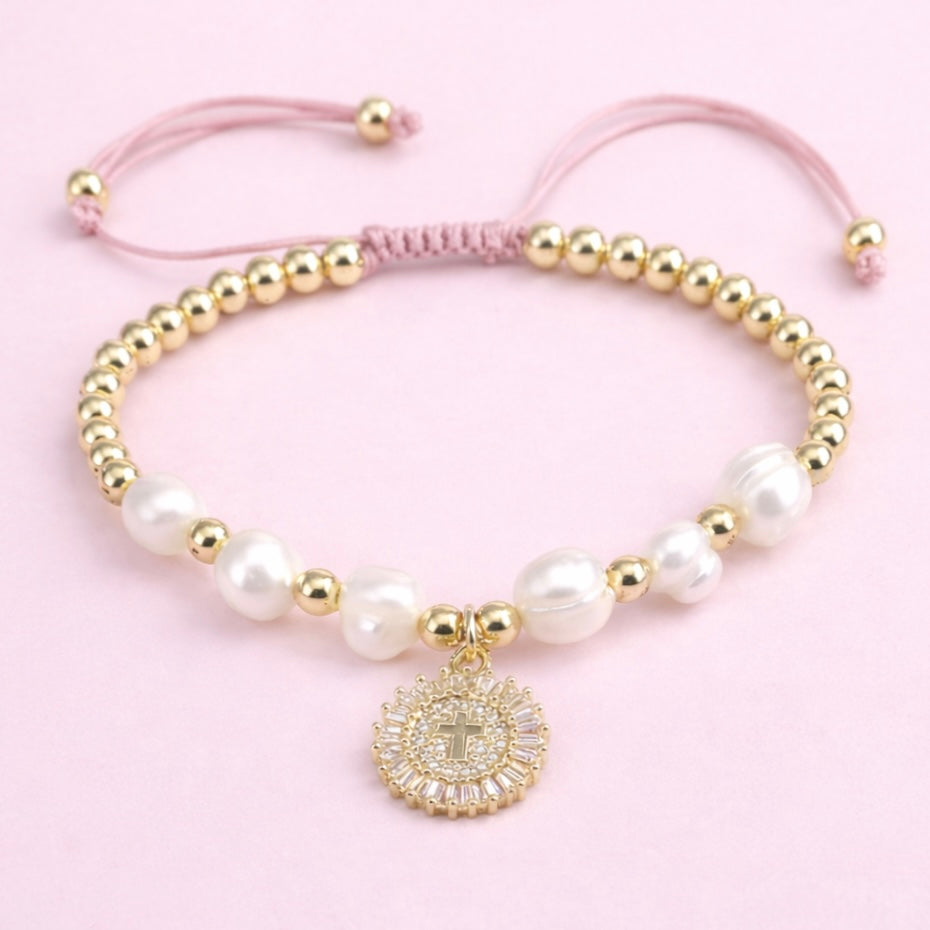 Marlyn Cross gold filled, fresh water pearl and adjustable bracelet