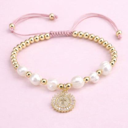 Marlyn Cross gold filled, fresh water pearl and adjustable bracelet