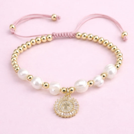 Marlyn Cross gold filled, fresh water pearl and adjustable bracelet