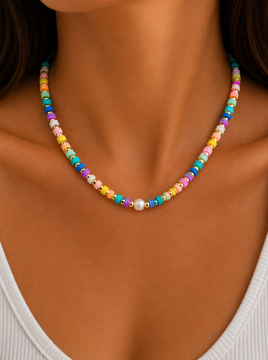 Freshwater pearl necklace with 18K gold filled pastel beads, handcrafted by Bella Blu Design