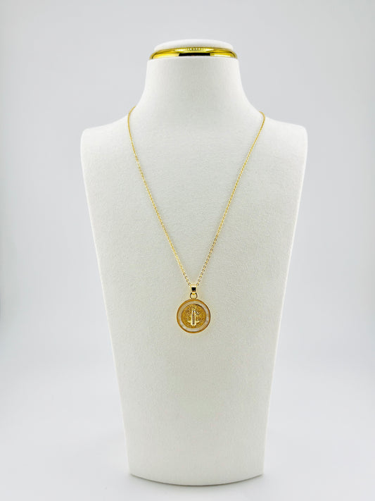 St . Benedict gold filled necklace with mother of pearl, tarnish free