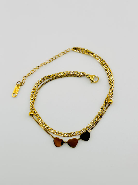 Anklet, stainless steel double strand hearts