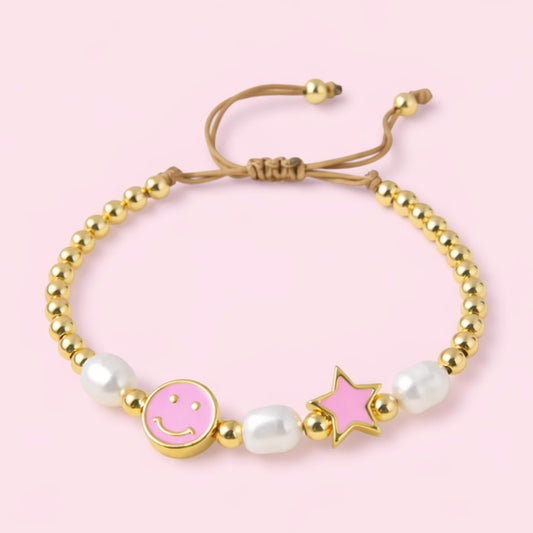 Paisley pink 18k gold filled smiley face & Real fresh water pearl adjustable bracelet