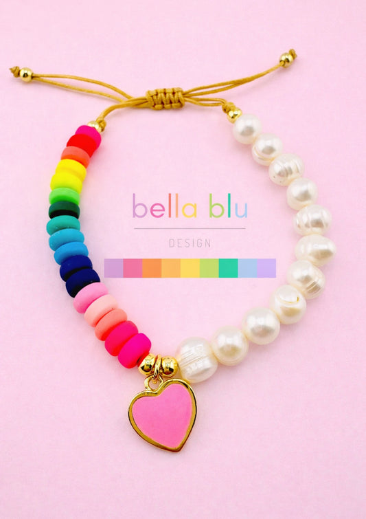 Amelia colorful pink heart fresh water pearls in 18k gold filled bracelet