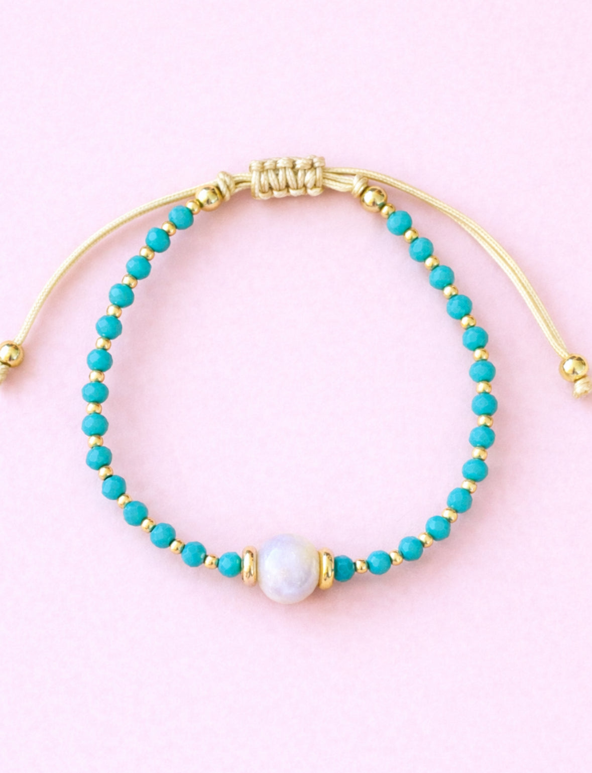 Jade turquoise 18k gold filled & Real fresh water pearl adjustable bracelet