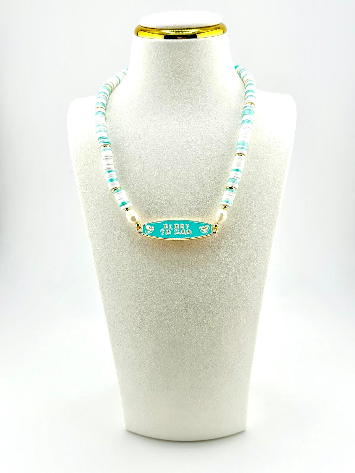 Glory to God worship necklace in 18K gold filled with freshwater pearls, Bella Blu Design