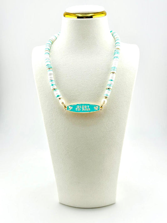 Glory to God worship necklace in 18K gold filled with freshwater pearls, Bella Blu Design