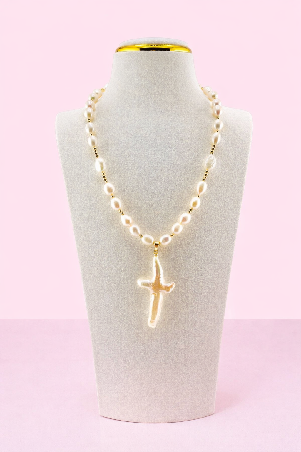 Earline 18k gold filled real freshwater pearl mother of pearl cross adjustable necklace
