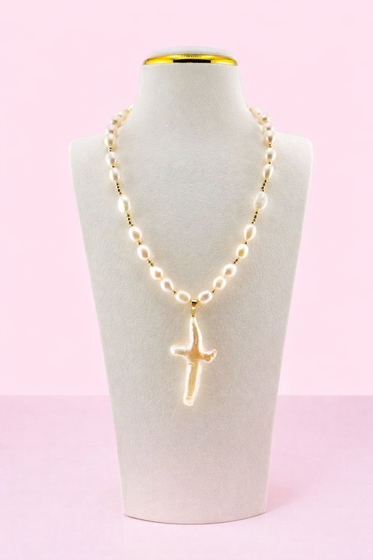 Earline 18k gold filled & Real fresh water pearl with mother of pearl cross adjustable necklace