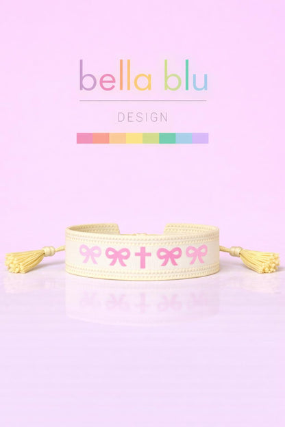 Katie pink bow and cross woven adjustable bracelet