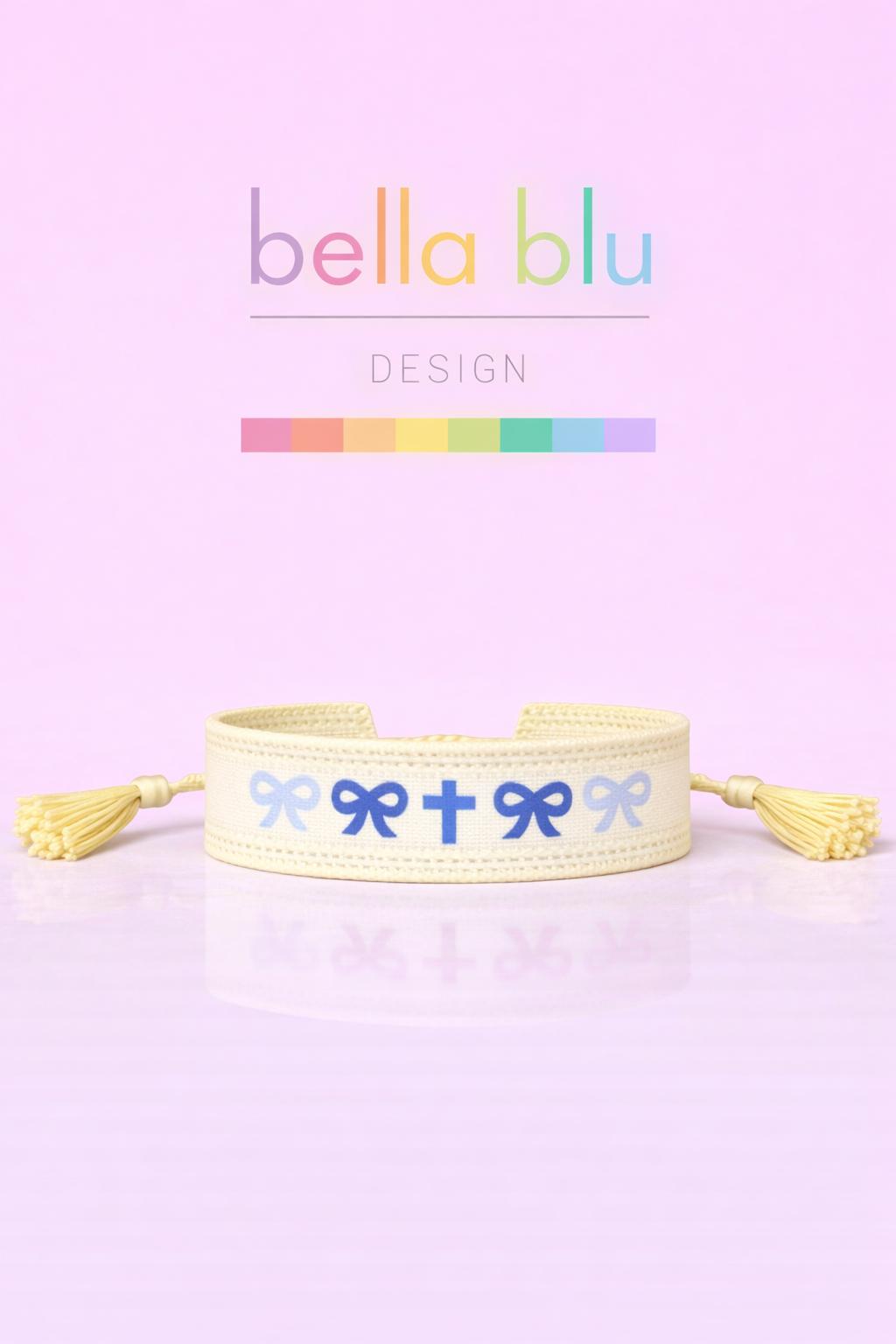 Katie blue bow & cross woven adjustable bracelet