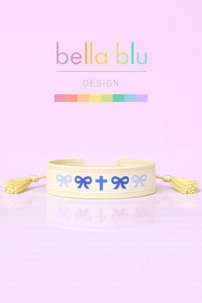 Katie blue bow & cross woven adjustable bracelet