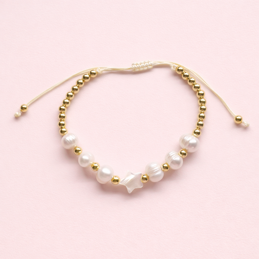 Vivianna 18k gold filled, Real fresh water pearl & mother of pearl star adjustable bracelet