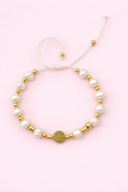 Becky 18k gold filled & Real fresh water pearl St.Benedict adjustable bracelet