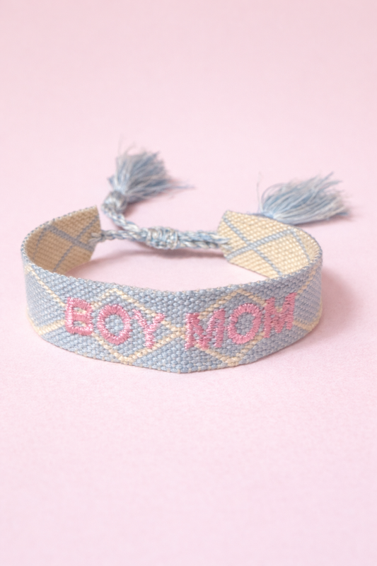 Boy mom blue, pink & cream woven adjustable bracelet