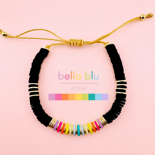 Maya black bracelet in clay beads and gold filled bracelet