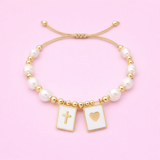 Kassidy heart & cross with Real fresh water pearl & 18k gold filled adjustable bracelet