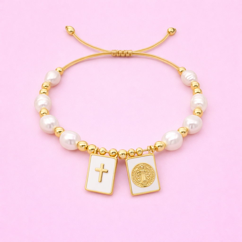 Kassidy St.Benedict & cross Real fresh water pearl & 18k gold filled adjustable bracelet
