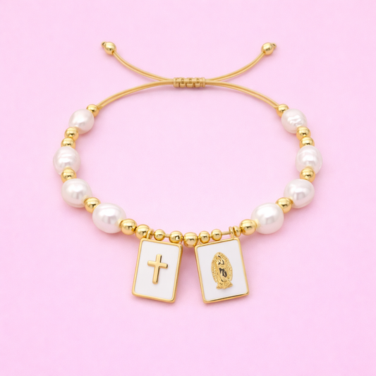 Kassidy Virgin of Guadalupe & cross with Real fresh water and 28k gold filled adjustable bracelet