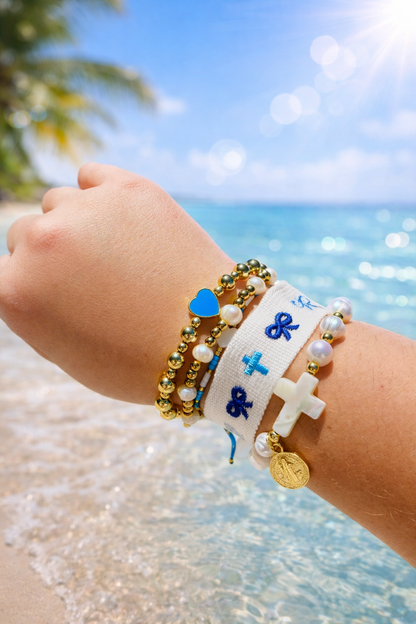 Katie blue bow & cross woven adjustable bracelet