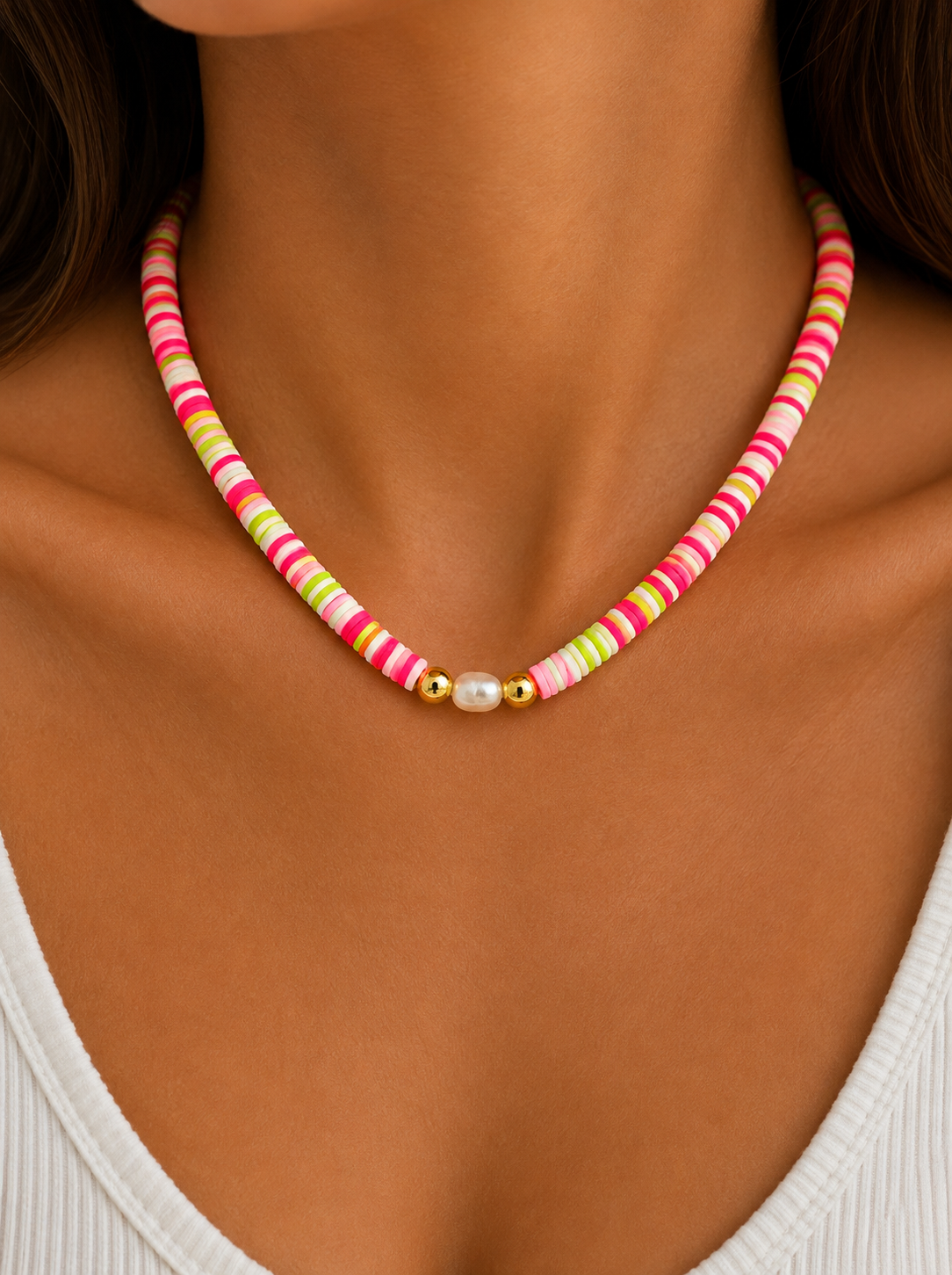 Valencia bright pink and lime green necklace with 18k gold filled and real fresh water pearls