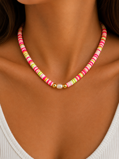 Valencia bright pink and lime green necklace with 18k gold filled and real fresh water pearls