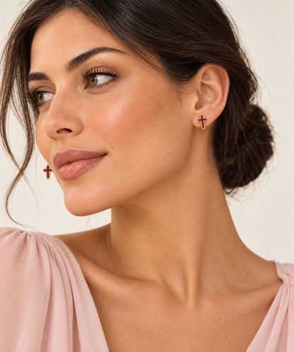 Burgundy & Gold Cross Stud Earrings