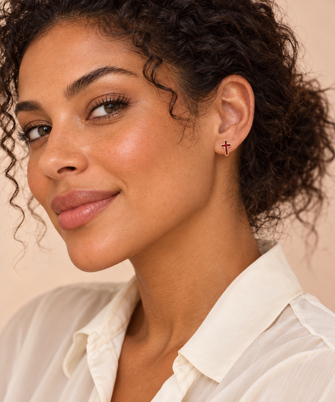 Burgundy & Gold Cross Stud Earrings