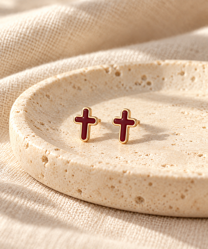 Burgundy & Gold Cross Stud Earrings