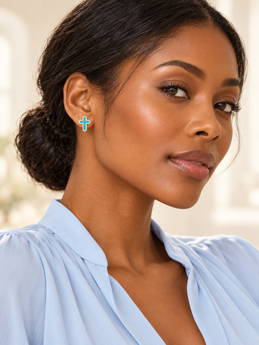 Turquoise & Gold Stainless Steel Cross Stud Earrings