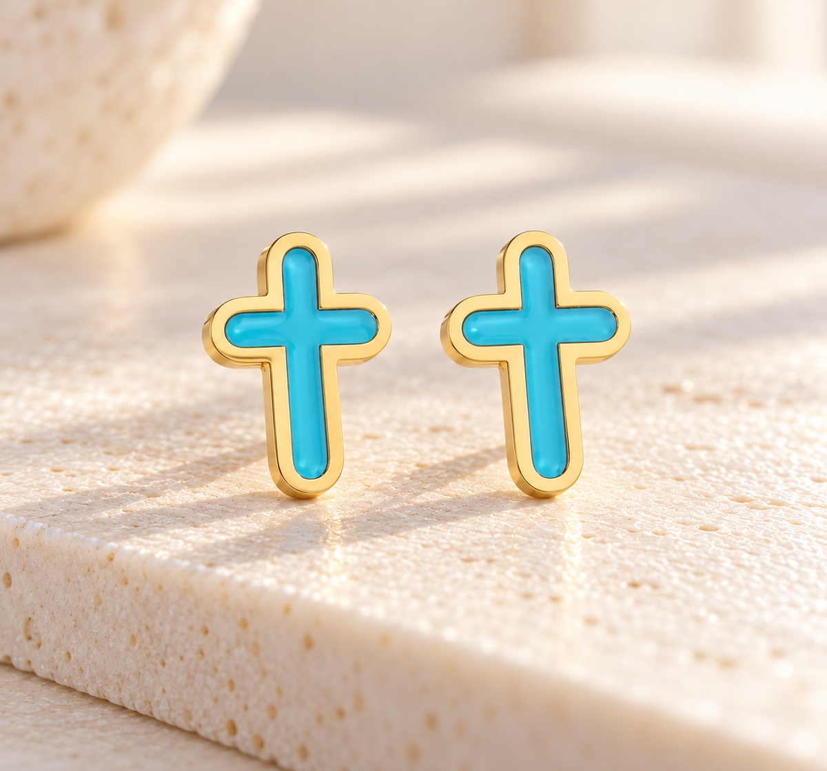 Turquoise & Gold Stainless Steel Cross Stud Earrings