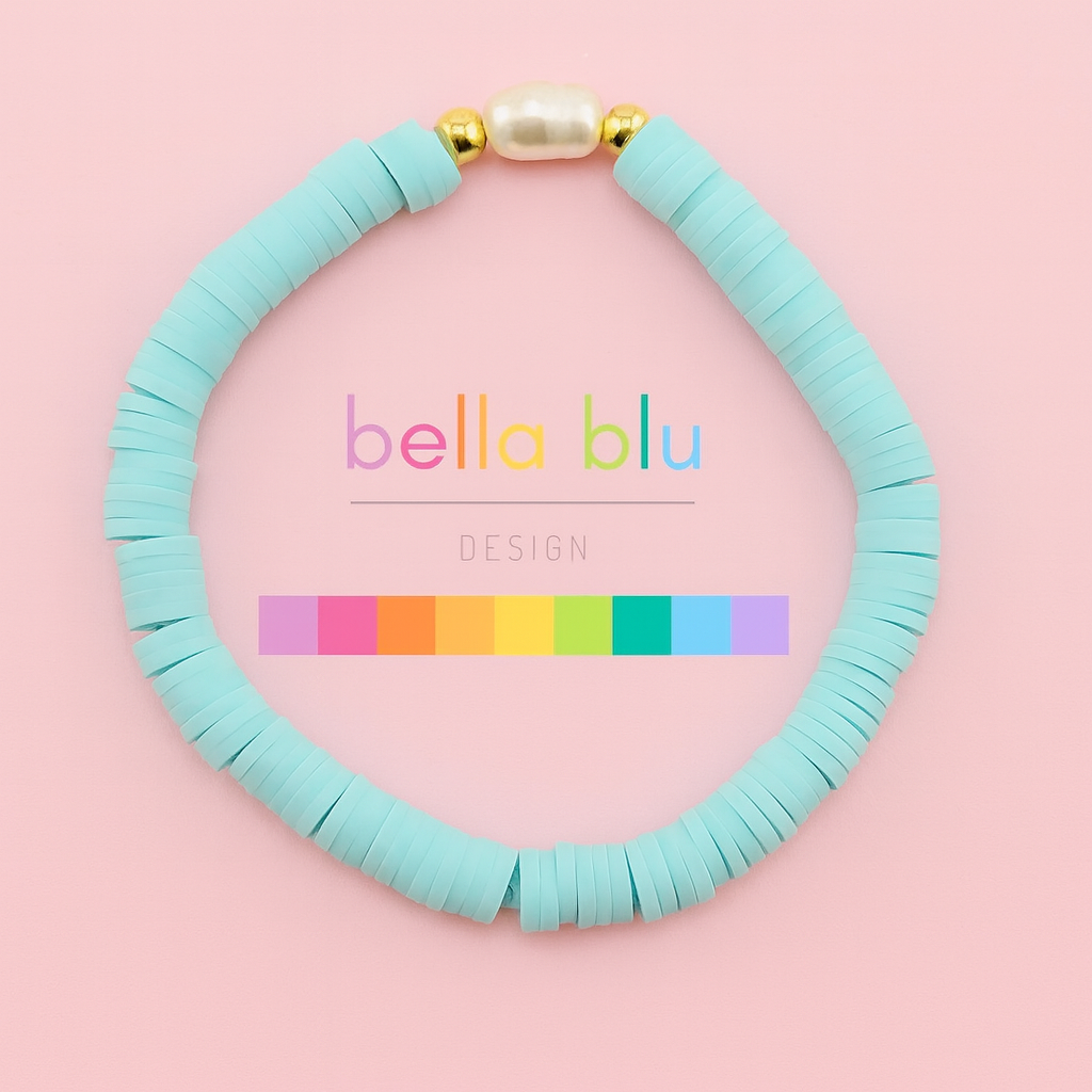 Vanessa light blue clay beaded fresh water pearl and 18k gold filled bracelet