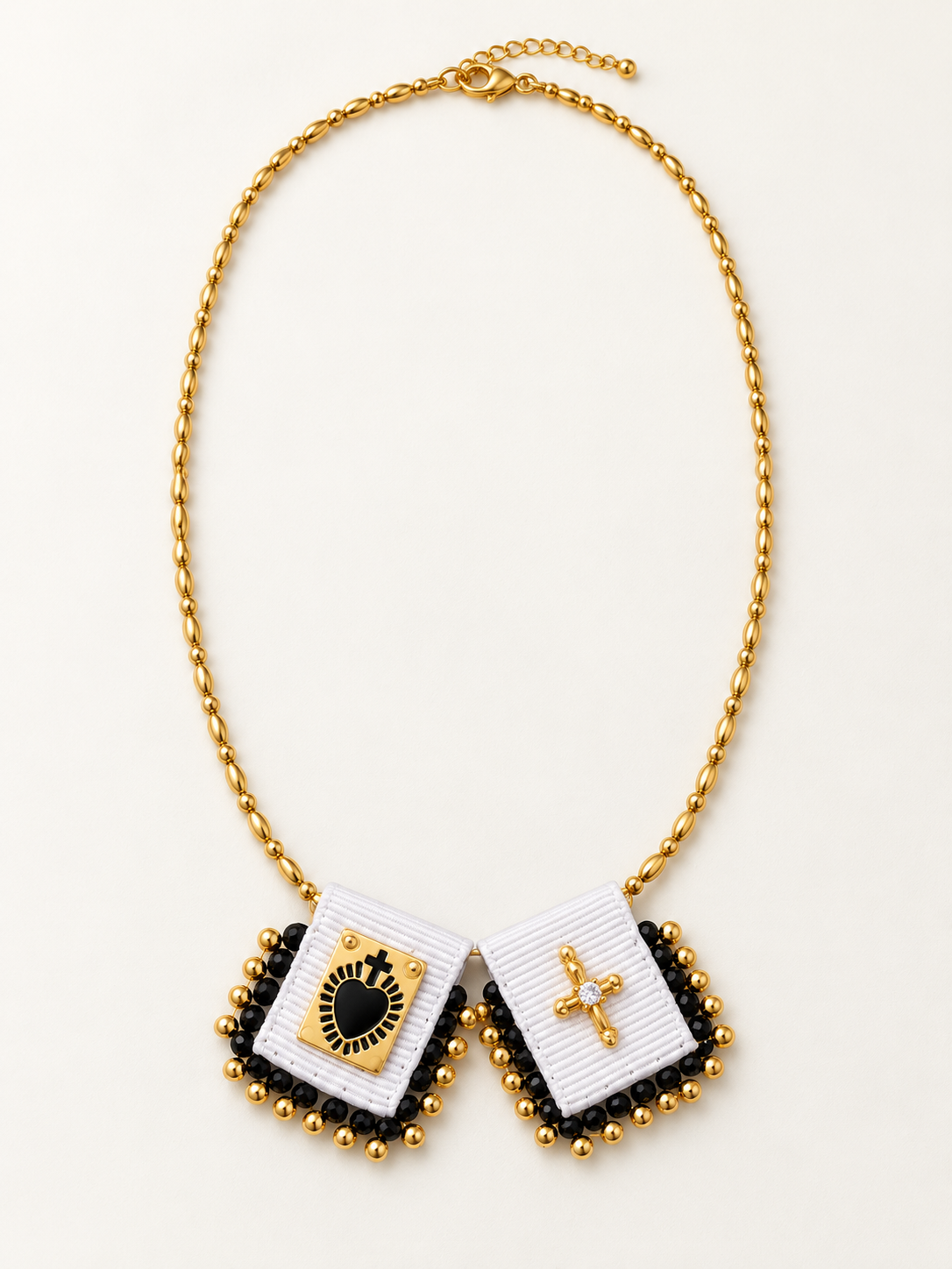White & Black Escapulario Scapular Necklace – 18K Gold Filled
