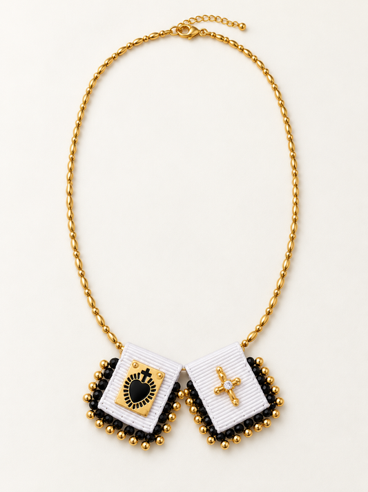 White & Black Escapulario Scapular Necklace – 18K Gold Filled