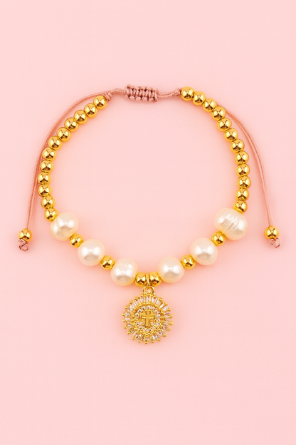 Marlyn Cross gold filled, fresh water pearl and adjustable bracelet