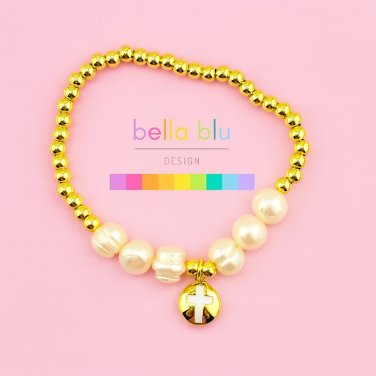 Melissa fresh water pearls and cross bracelet with 18k gold filled