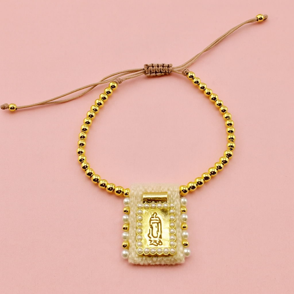 Virgin Mary pearl and 18k woven gold filled bracelet