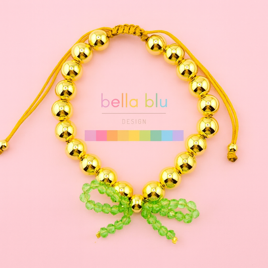 Dallas adjustable bracelet in gold filled and coquette green bow