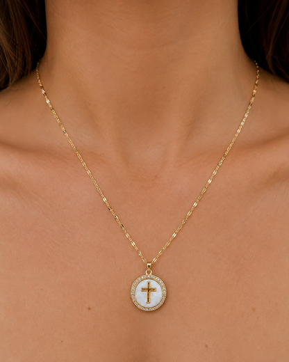 Mother of Pearl Cross Pendant Necklace – 18K Gold Filled
