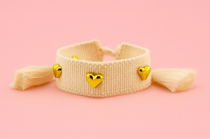 Cream woven bracelet gold filled heart detail adjustable boutique Bella Blu