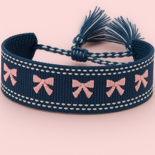 Pink and navy coquette bow woven bracelet