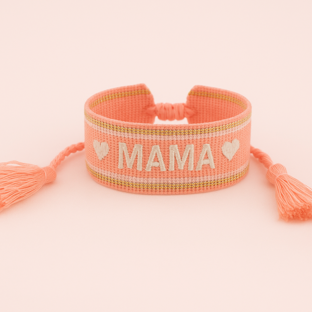 Mama coral white and gold woven adjustable bracelet