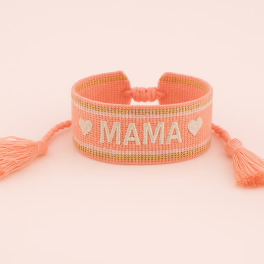 Mama coral white and gold woven adjustable bracelet