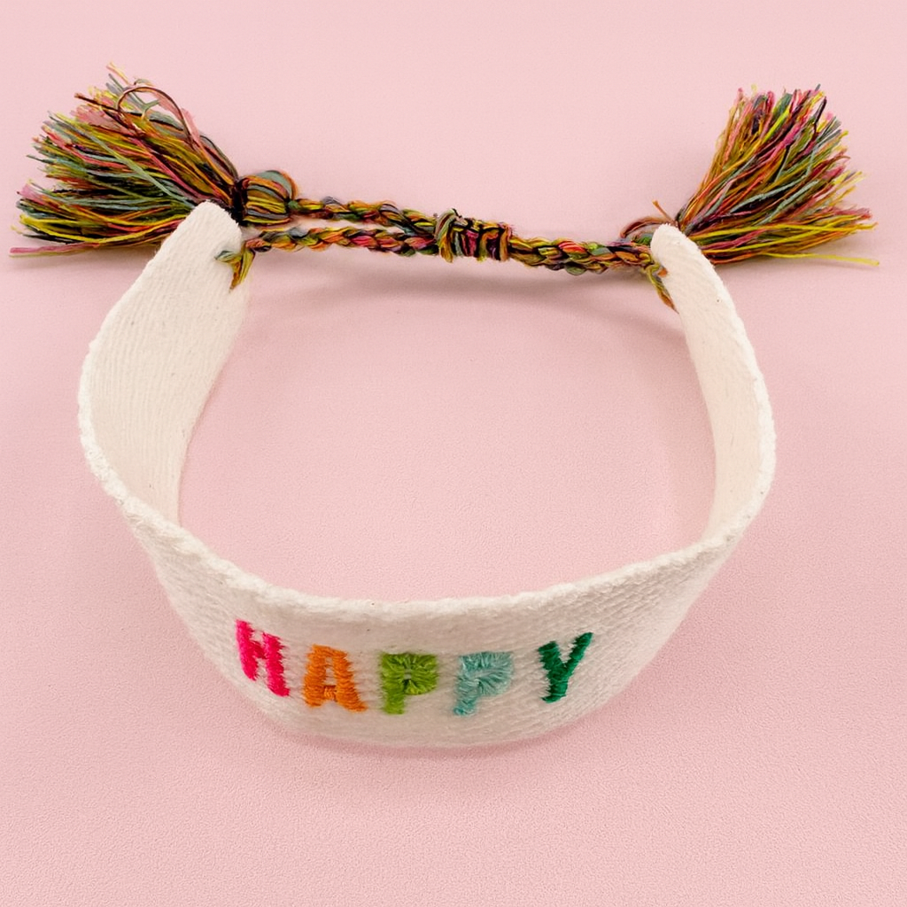 Happy woven bracelet in white with colorful letters adjustable