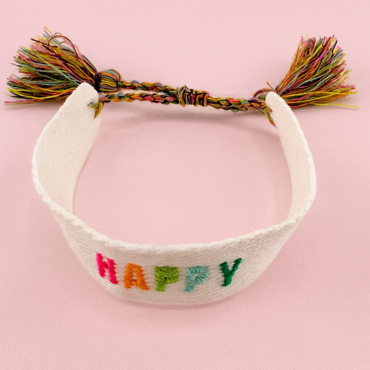 Happy woven bracelet in white with colorful letters adjustable