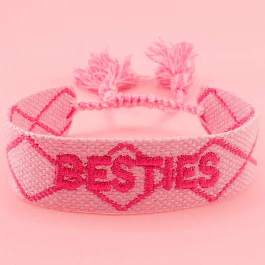 Besties pink and hot pink plaid woven bracelet