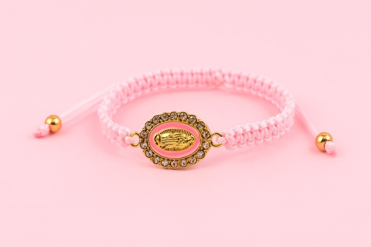 Virgen de Guadalupe woven pink adjustable bracelet with rhinestones