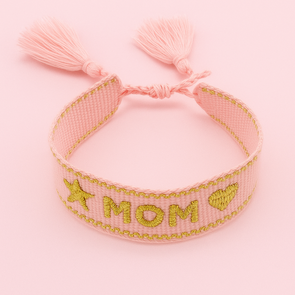 Emersyn Mom woven soft pink bracelet with gold