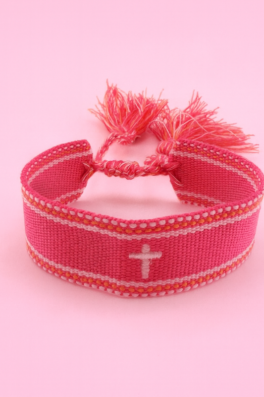 Magenta and orange white cross adjustable woven bracelet